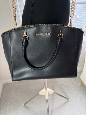 Michael Kors Black Leather Satchel Tote Bag Gold Hardware